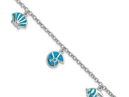 Sterling Silver Rhodium Created Opal Fish & Shells Charm Bracelet For Discount